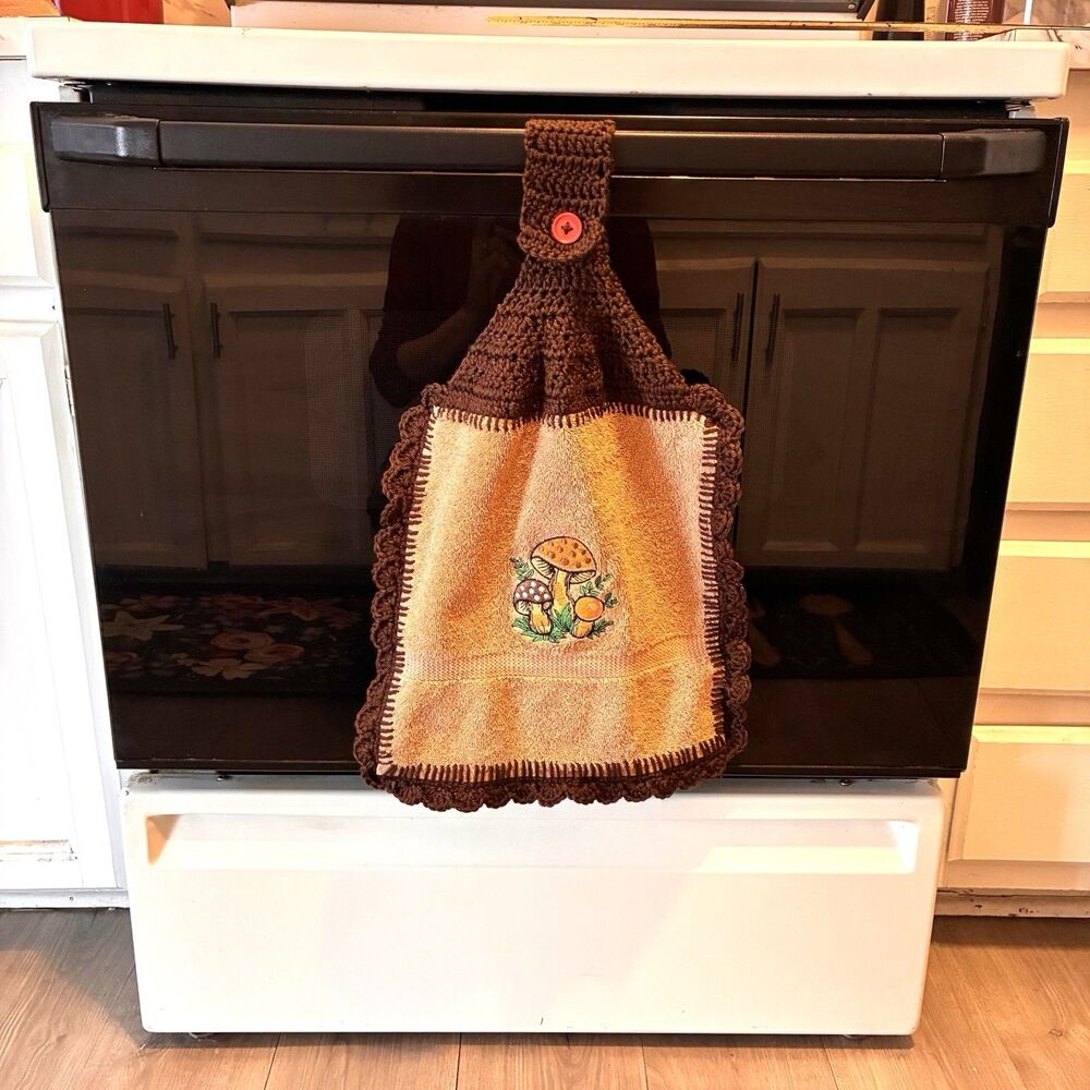 Merry Mushroom Embroidered Hanging Kitchen Stove Towel with Handmade Crochet Top